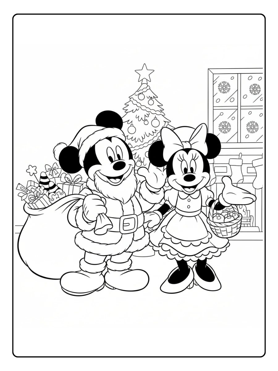 Coloriage Mickey déguisé en Père Noël et Minnie en Mère Noël