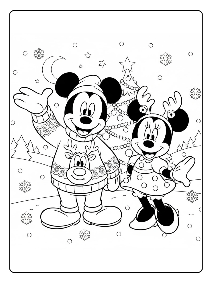 Coloriage Mickey en pull de Noël rigolo, Minnie avec un serre tête de renne
