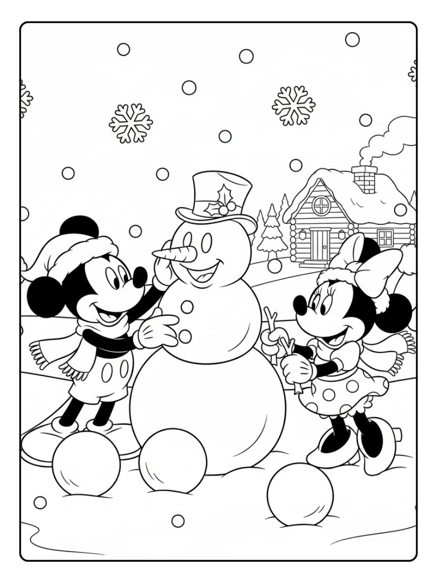 Coloriage Mickey et Minnie construisent un bonhomme de neige amusant