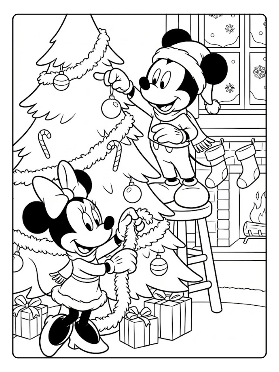 Coloriage Mickey et Minnie décorent ensemble le sapin de Noël