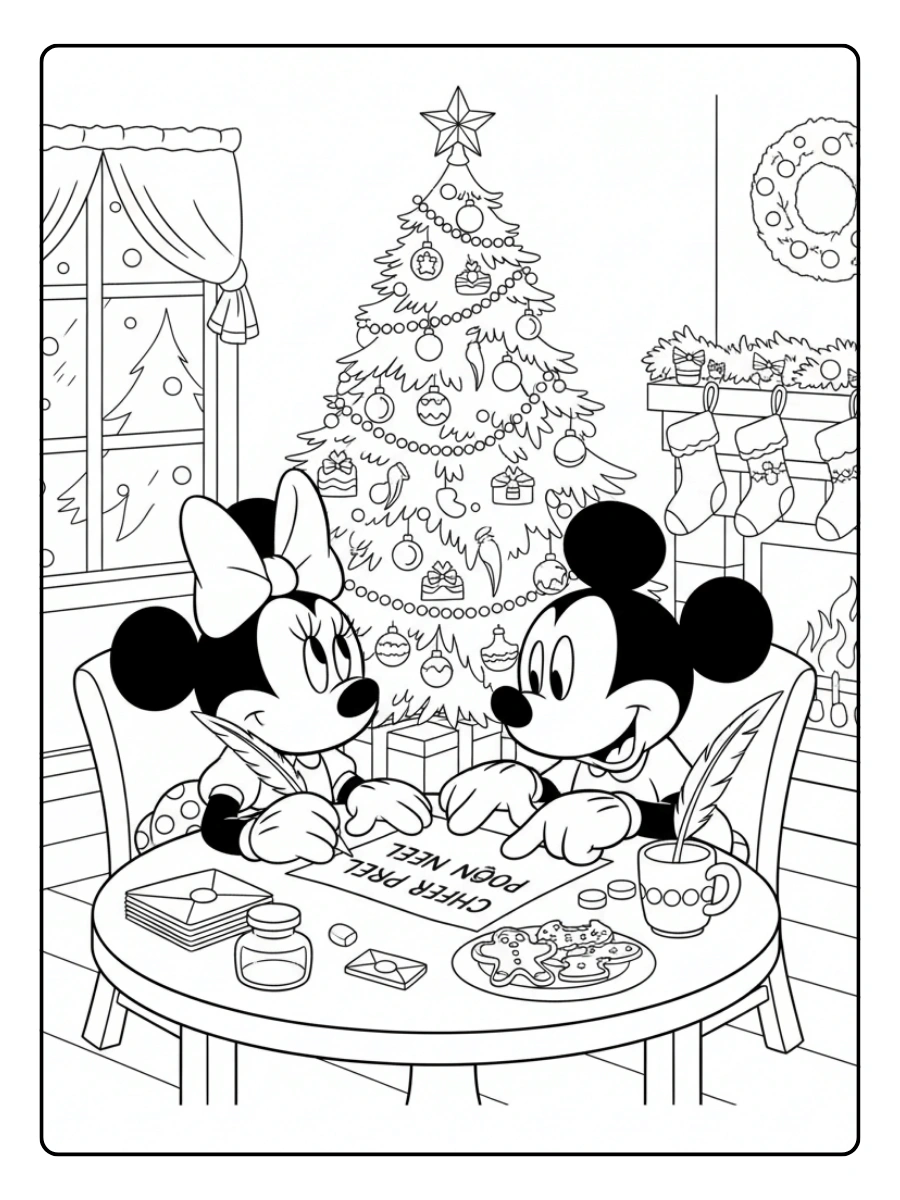 Coloriage Mickey et Minnie écrivent une lettre au Père Noël