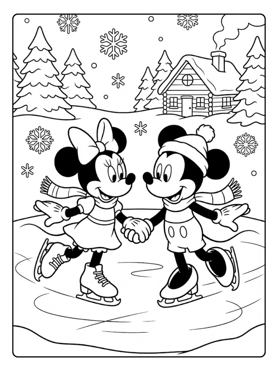Coloriage Mickey et Minnie patinent sur la glace, main dans la main