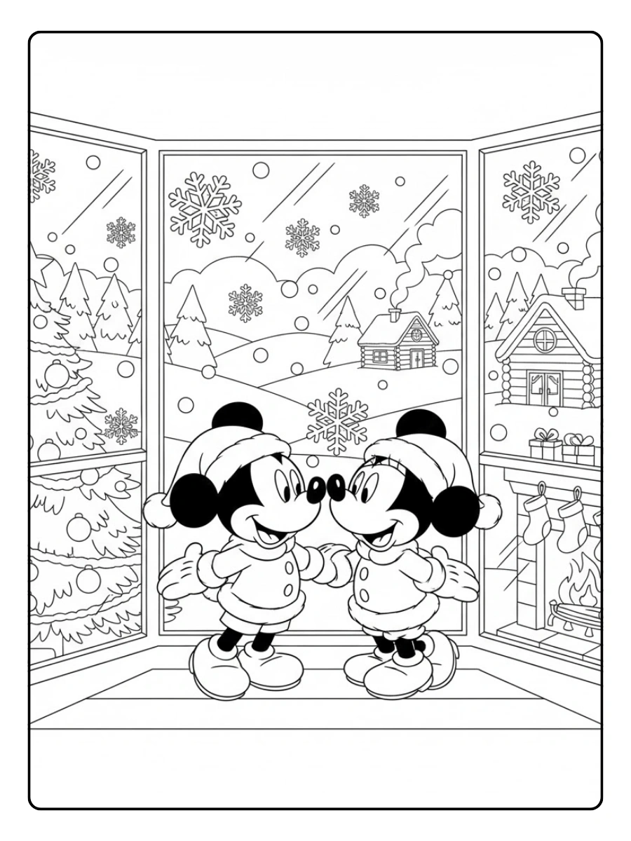 Coloriage Mickey et Minnie regardent la neige tomber par la fenêtre