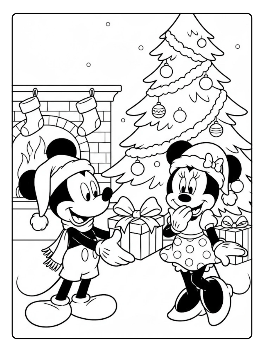 Coloriage Mickey offre un cadeau surprise à Minnie