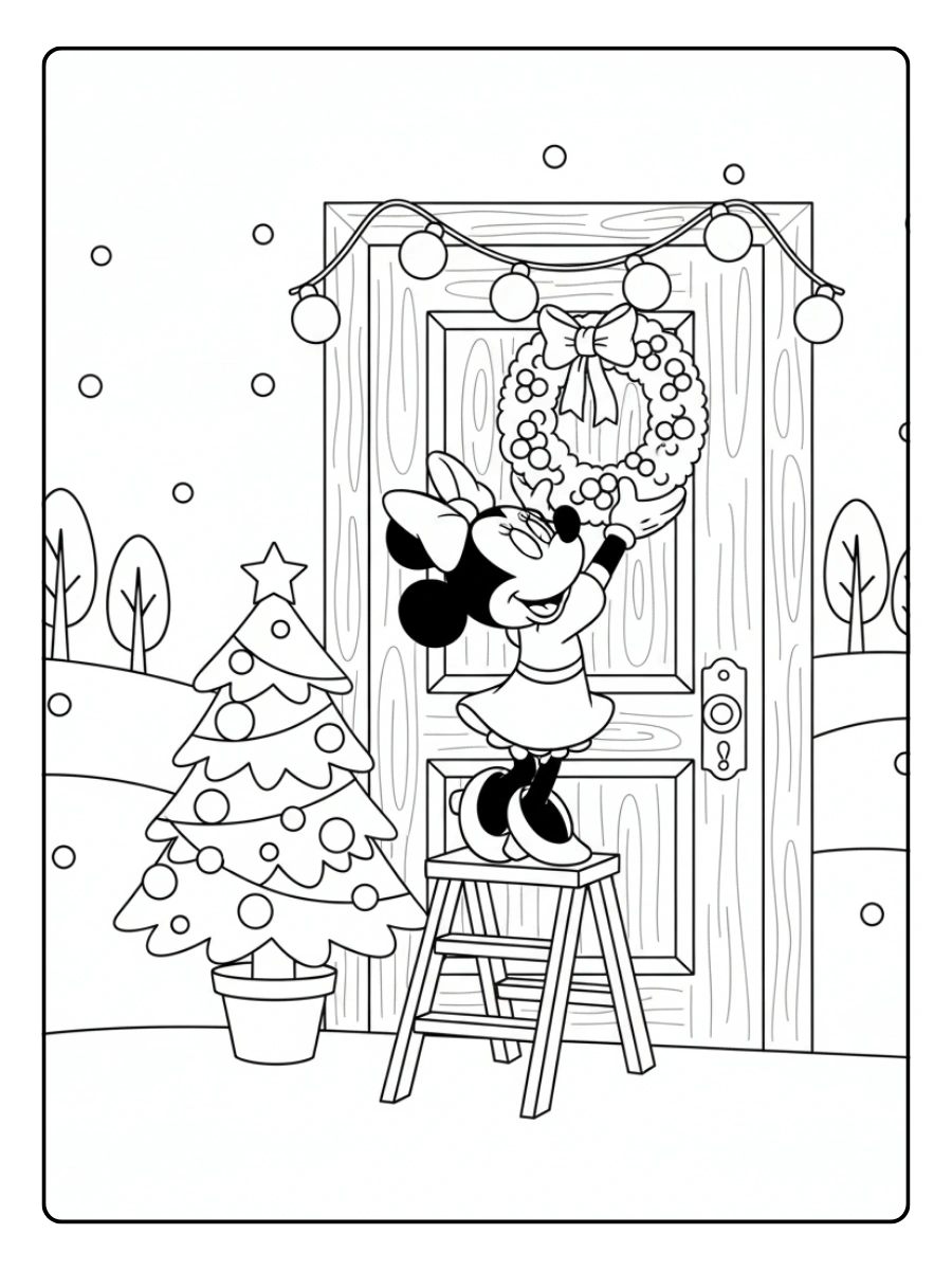Coloriage Minnie accroche une couronne de Noël sur la porte