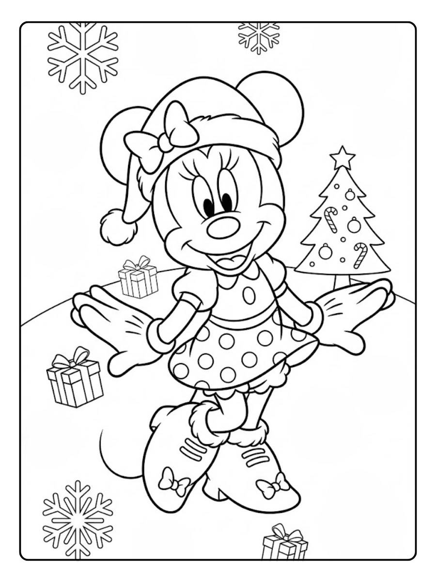 Coloriage Minnie avec une robe de Noël à pois