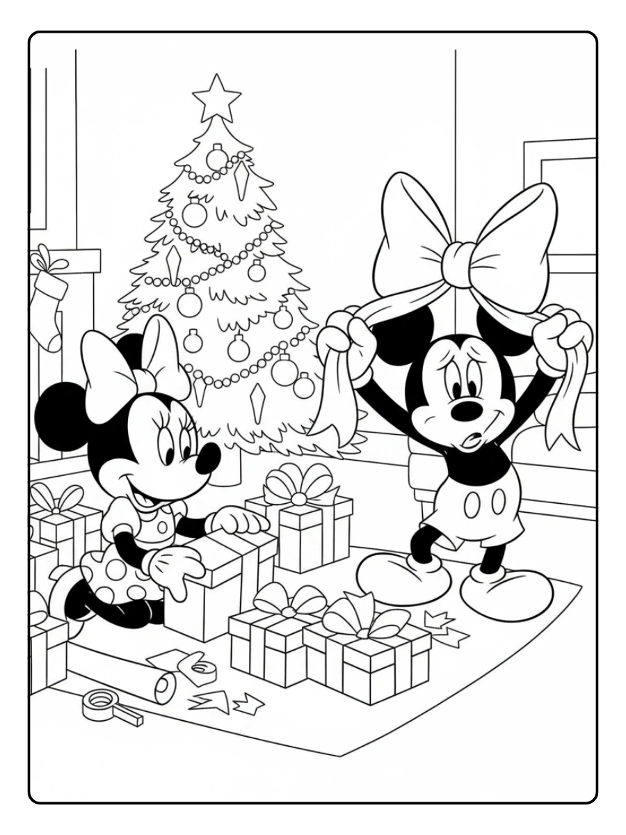 Coloriage Minnie emballe des cadeaux pendant que Mickey fait un nœud trop grand