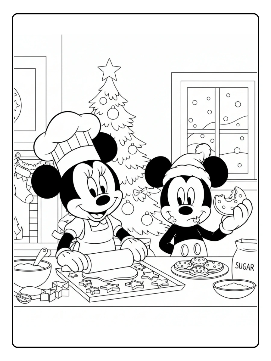 Coloriage Minnie prépare des biscuits de Noël pendant que Mickey goûte