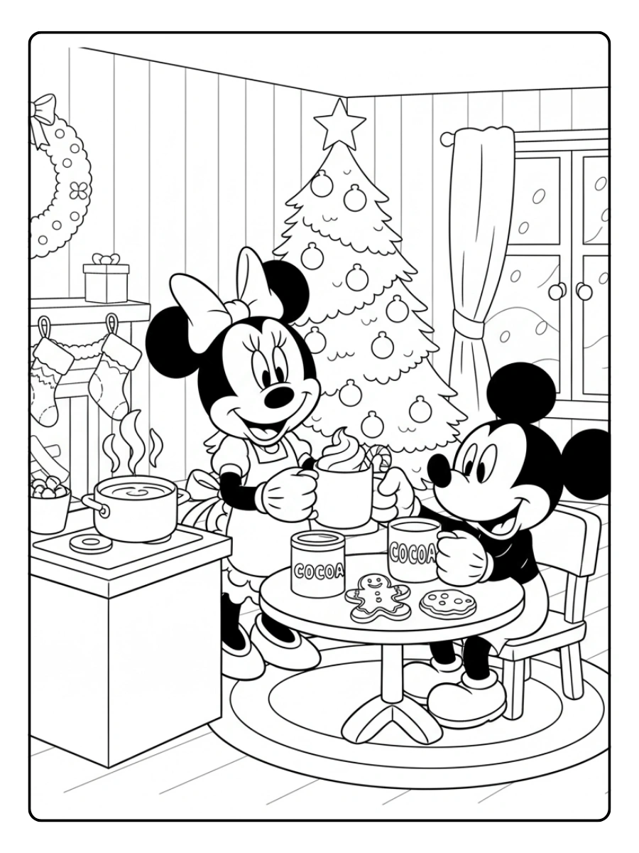 Coloriage Minnie prépare un chocolat chaud pour Mickey