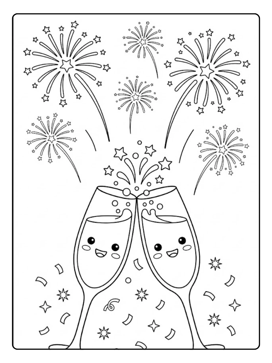 Coloriage Verres qui trinquent sous les feux d’artifice