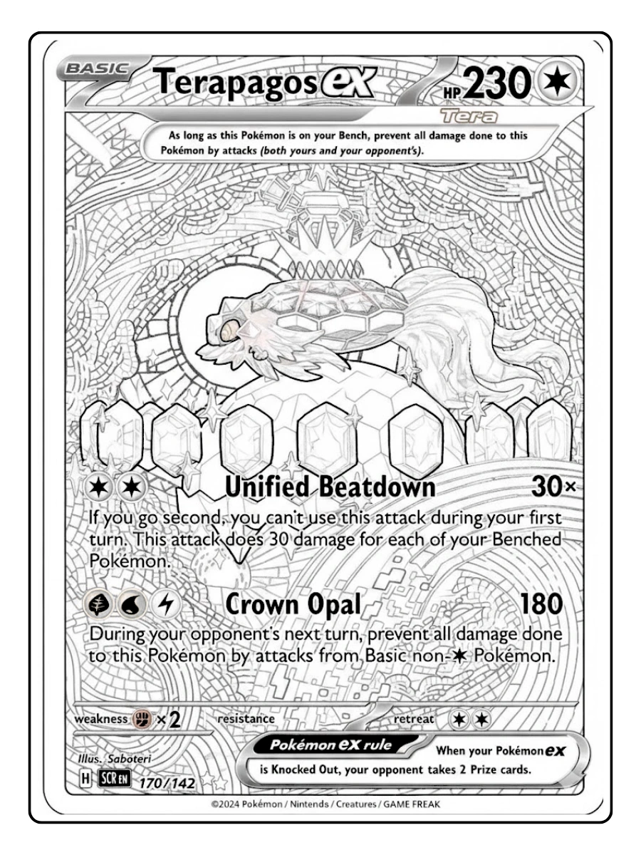 A Terapagos ex Pokémon card with intricate line art