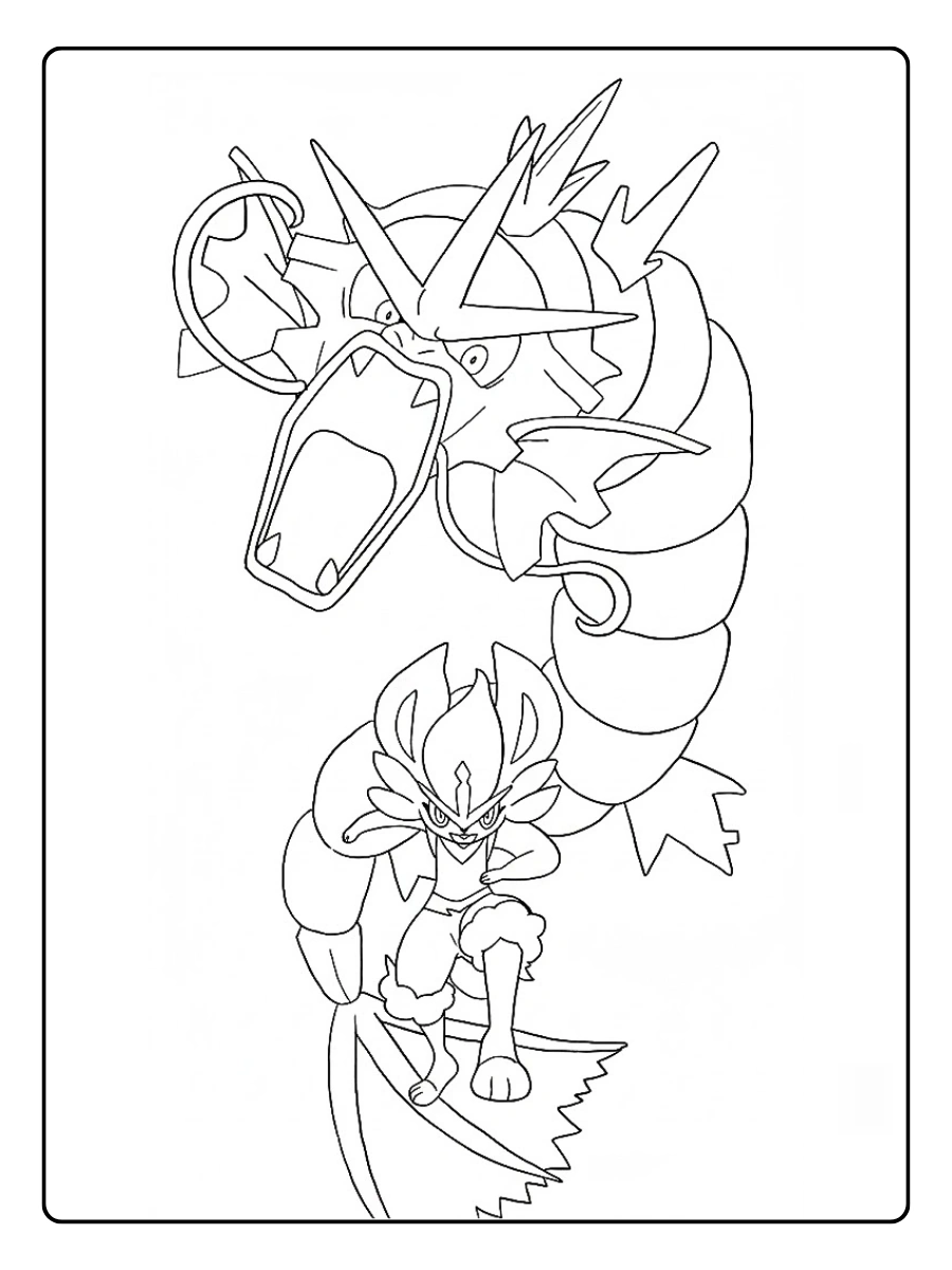 Coloriage de Pyrobut affrontant un grand Léviator