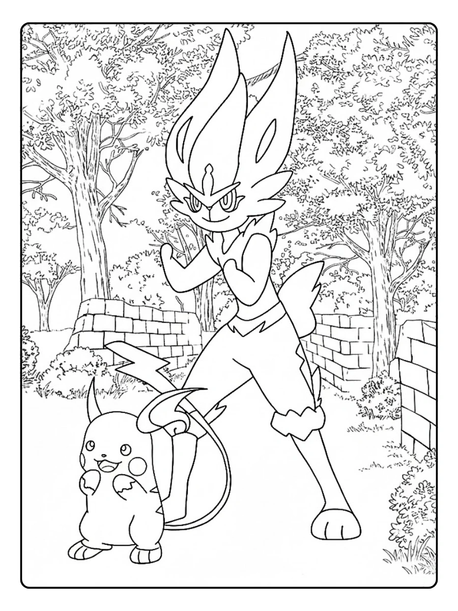 Coloriage de Pyrobut et Pikachu dans la nature